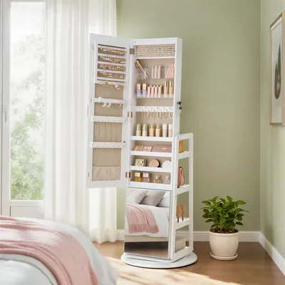 Produktbild von SONGMICS Schmuckschrank mit Ganzkörperspiegel, Schmuckaufbewahrung, Spiegelschrank mit 4 Ablagen, integrierte LED-Beleuchtung, 360° drehbar