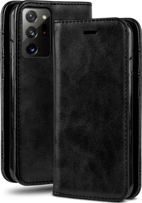 A black leather flip case for a Samsung Galaxy Note20 Ultra 5G is shown.