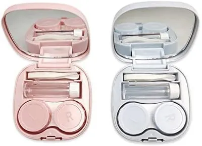 Imagen del producto de Estuche para lentes de contacto, juego de 2 unidades, con espejo, en color azul y rosa, ideal para uso doméstico y viajes