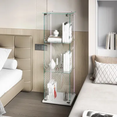 Produktbild von Glasvitrine - Standvitrine - 3 Ebenen aus Glas - LED-Lichtleiste - Tür mit Schloss - Metallrahmen - 123,3×39,8×35 cm - Weiß