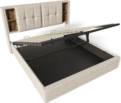 Produktbild von Flieks Polsterbett 160x200cm mit USB & Typ C, Hydraulisches Boxspringbett Stauraumbett mit Lattenrost, Doppelbett Jugendbett Holzbett, Leinen, Beige