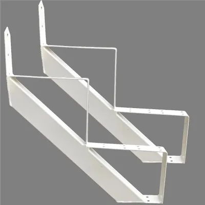 Two white metal stair stringers are shown against a plain gray background.
