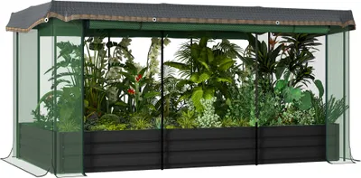 A greenhouse-like structure filled with various plants, set against a white background.
