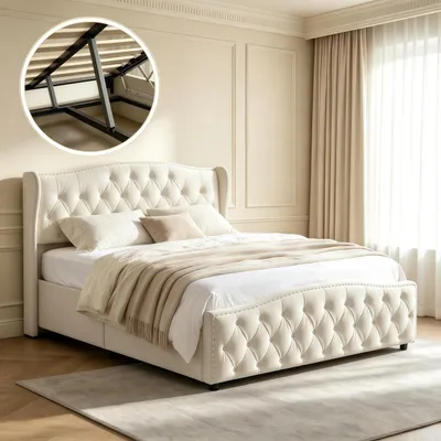 Produktbild von SUNFECILI Polsterbett 140x200 cm,Boxspringbett 140x200,mit Lattenrost,Weicher Rückenlehne und Kopfteil,Doppelbett,Jugendbett, Samt Stoff,Beige