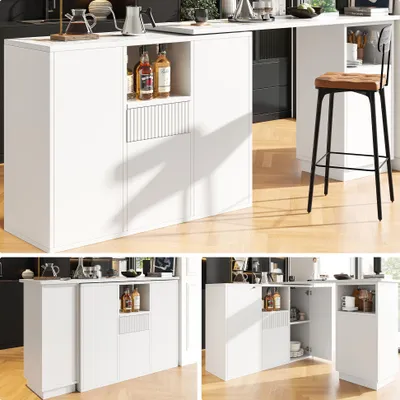 Obrázok produktu pre Barový stôl Sweiko otočný o 360° (hlavná časť 210 x 30 x 100,9 cm), moderný a elegantný biely dizajn, s otvoreným úložným priestorom a mramorovou pracovnou doskou, multifunkčný úložný ostrovček