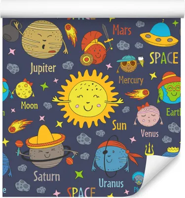Zdjęcie produktu dla Tapeta Ścienna PLANETY Słońce Napisy Kosmos Bajka Dekoracja 3D