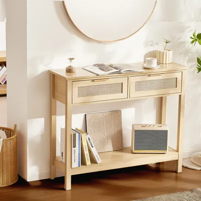 Image de VEVOR Table console en rotin avec 2 tiroirs, table d'entrée en rotin avec porte coulissante en rotin naturel, table basse console pour le salon, le bureau, l'entrée ou le mur de télévision, naturel