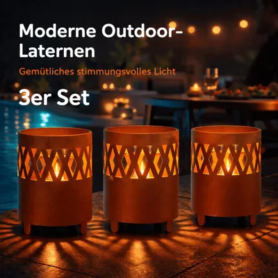 Produktbild von Feuerkorb 3er Set LED Solar Gartenfeuer Gartenleuchte Solarlampe Rost Garten