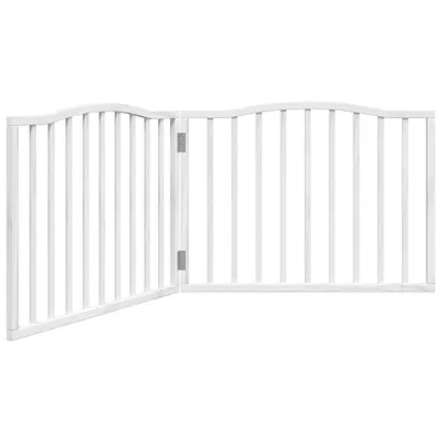 A white wooden pet gate is shown against a white background.