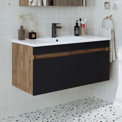 Produktbild von Roomart ATRIA-100 Badmöbel Set– 2-teiliges Badezimmermöbel Set - Waschbecken mit Unterschrank  - H 45 x B 45 x T 100 cm - Anthrazit-Eiche