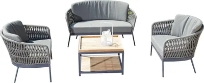 A set of outdoor furniture including a loveseat, two armchairs, and a coffee table, arranged on a white background.