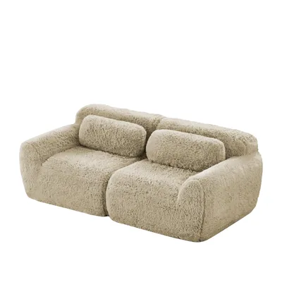 Zdjęcie produktu dla AIORBER Modułowa sofa dwuosobowa z pluszową tkaniną, konstrukcja bezramowa, miękka, z poduszkami, antypoślizgowa podstawa, do salonu i sypialni, jasnokhakowa