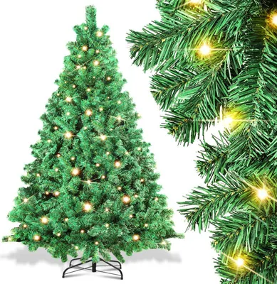 Produktbild von Izrielar Künstlicher Weihnachtsbaum 150cm mit Lichterkette 200 LED warm-weiß inkl. Metallständer 550 Spitzen Weihnachten Christbaum Tannenbaum PVC Grün