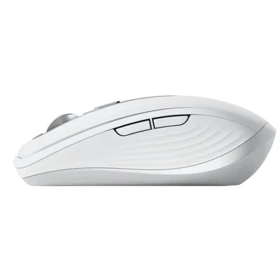 Side view of a white and gray computer mouse against a white background.