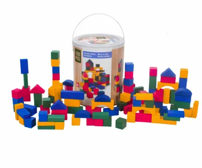 Produktbild von Holzbausteine, 100 Stück bunt lackierte Bauklötze, 8 Formen, Trommel mit Tragegriff