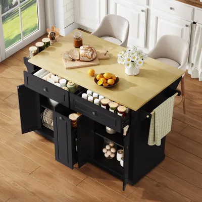 Produktbild von Mobile Kücheninsel 121x49(69)x89, klappbare Arbeitsplatte, zweistufige vertikale Schubladen, 2 große Schubladen, feststellbare Rollen.