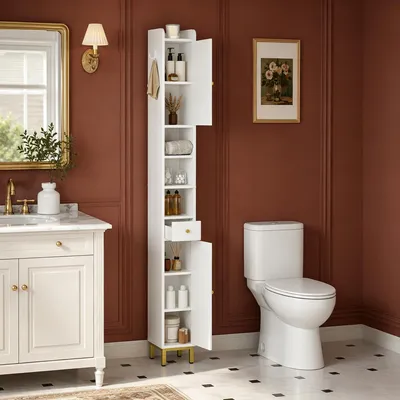 Produktbild von Badezimmer-Hochschrank Weiß, 2 Türen + Schublade, verstellbares Regal, offenes Fach, vielseitig für Bad/Wohnzimmer/Arbeitszimmer