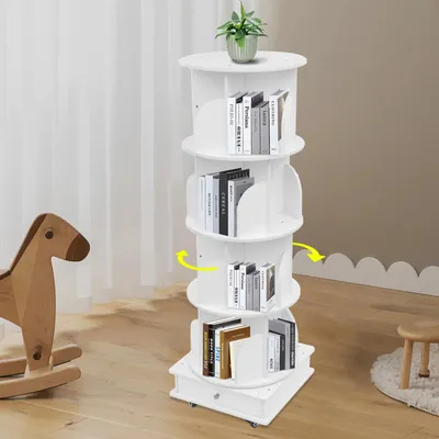 Produktbild von Bücherregal - Drehbar 4‑stöckig auf Rollen - Massivholz - 16 Fächer - 46×46×142 cm - 4 Rollen mit Bremsen - 80–100 Bücher - Weiß