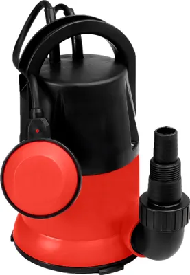 A submersible pump with a float switch and hose adapter, shown against a white background.