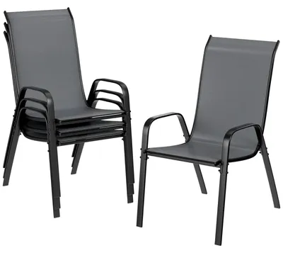 Produktbild von Gartenstuhl Set - Stapelbare Outdoor Stühle - Hohe Rückenlehne - Metallgestell - Textilene Sitzfläche - Armlehnen - 150 kg belastbar - Schwarz