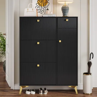 Image de OKWISH Meuble à Chaussures - Meuble à Chaussures 3 Abattants avec Tiroir et Porte, Pieds Dorés et Sécurité Anti-Basculement, MDF+Métal, Noir 90x25x121 cm