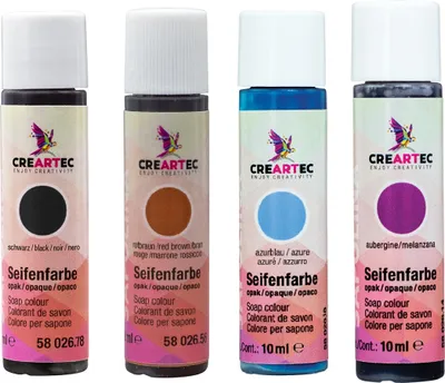 Produktbild von CREARTEC Seifenfarben Opak 4er Set (Schwarz, Rotbraun, Aubergine, Azurblau) 40ml - Inhalt jeweils 10ml - zum Herstellen farbenfroher Seifen
