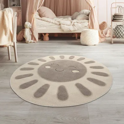 Produktbild von TT Home Kinderteppich Kinderzimmer Teppich Spielteppich Kurzflor Sonne Flauschig 3D Größe 160 cm Rund
