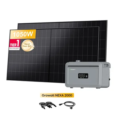 Produktbild von Powerness Balkonkraftwerk mit Speicher, Growatt NEXA 2000 All-in-One 2048Wh Speicher mit 2 x LONGi Hi-MO X10 525W BC Bifaziale Solarmodule (0% MwS)