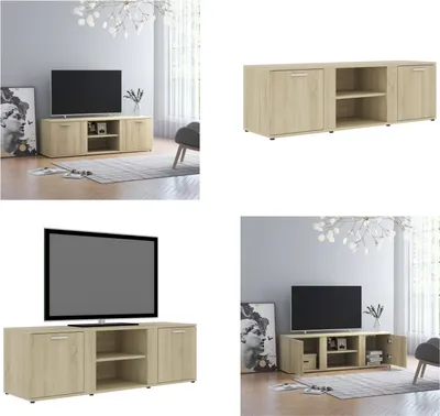 Collage of a TV stand with a TV on it, and a separate view of the TV stand.