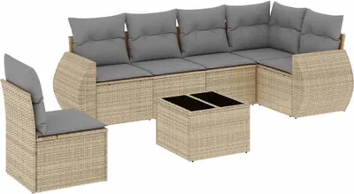 Produktbild von vidaXL 7-tlg. Garten-Sofagarnitur mit Kissen Beige Poly Rattan