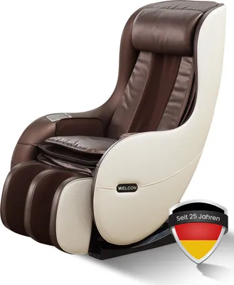 A brown and beige massage chair is shown against a white background, with a German flag shield overlay in the lower right corner.