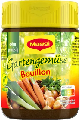 A jar of Maggi Gartengemüse Bouillon with vegetables depicted on the label.