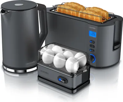 Produktbild von Arendo 3-teiliges Frühstücksset, Wasserkocher ELEGANT 1,5l, 4-Scheiben Toaster, 6er Eierkocher, Grau
