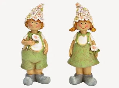 Zdjęcie produktu dla Seyila Home, zestaw 2 dekoracyjnych figur "Wiosenne dzieci" – urocze figurki dzieci z kwiatami na głowach – dekoracja wiosenna – żywica, figurka do ogrodu