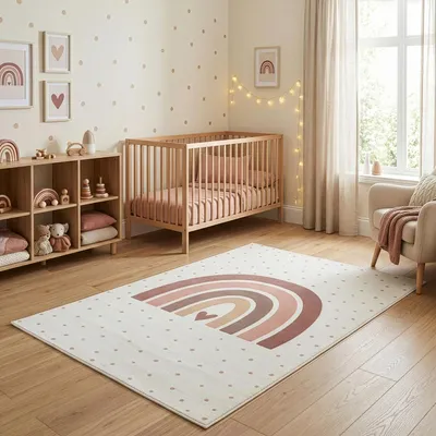 Produktbild von Kinderteppich Regenbogen Spielteppich rund 160 cm für Kinderzimmer in Creme mit Herz Motiv ideal als Spielunterlage