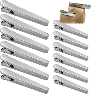 Produktbild von PolkaHome® 12 Stück Verschlussclips aus Edelstahl, Beutelclips, Wiederverwendbar, 2 Größen, 8 cm & 11,5 cm