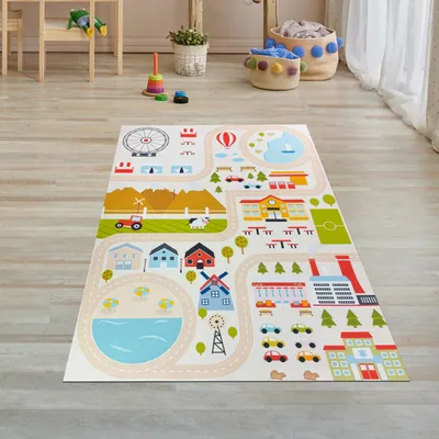 Immagine prodotto di Tappeto antiscivolo per la cameretta dei bambini con motivo urbano, colore beige, dimensioni: 80 x 150 cm