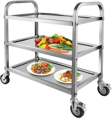 3-stöckiger Servierwagen aus Edelstahl, 95x95x50 cm, mit Rollen