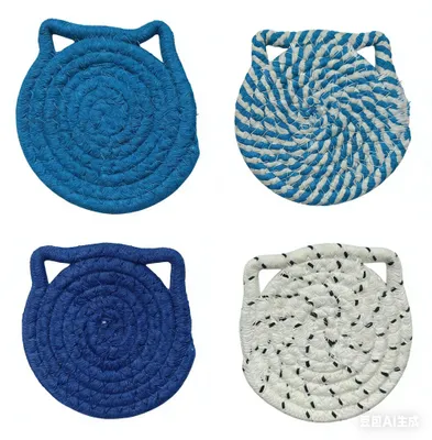 4 blaue Katzen-Untersetzer aus Baumwolle, rund, 11 cm