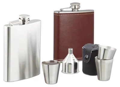 Produktbild von 8 tlg. Flachmann Set aus Edelstahl u. Kunstleder, Taschenflaschen 200ml, mit Bechern und Trichter, für unterwegs, silber
