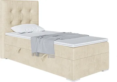 Produktbild von MEBLINI Boxspringbett mit Bettkasten - Gepolstert Einzelbett mit Matratze und Topper - Polsterbett mit Stauraum - Bett mit Kopfteil - Stauraumbett - DENIZ - 90x200 Rechts  - H3/Beige Samt
