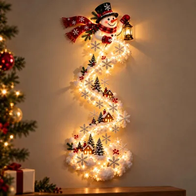 Produktbild von Weihnachtsdeko Schneemann, 3D Wanddeko Weihnachten mit LED Lichterkette, ca. 60 cm, Weihnachtsdekoration, Adventsdeko, Winterdeko, Schneeflocken Deko