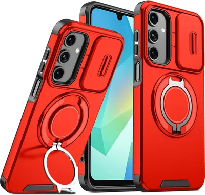 Image de Etui double couche pour Samsung Galaxy A16 5G/4G, avec couvercle coulissant pour l'appareil photo et anneau magnétique Rouge