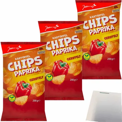 Produktbild von Jeden Tag Geriffelte Chips Paprika 3er Pack (3x200g Packung) + usy Block