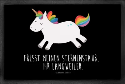 Produktbild von Mr. & Mrs. Panda fußmatte Einhorn Happy 50 x 75 cm - Schwarz - Geschenk, Unicorn, Einhörner, Lachen, Fußabstreifer, Schmutzfangmatte, Lebensfreude, Spaß, Eingangsmatte