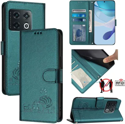 Produktbild von Leder Hülle für OnePlus 10 Pro Süße Katze Flip Case Brieftasche Schutzhülle mit Standfunktion Grün