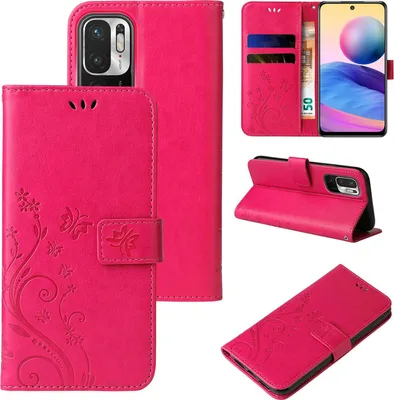 Produktbild von Handyhülle für Xiaomi Redmi Note 10 5G Floral Blumen Schmetterling Flip Cover Hülle Case Klapphülle Handytasche Farbe: Pink