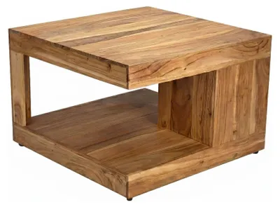 Couchtisch Akazie Massivholz mit Ablagefach in Gesamtansicht, quadratisch mit offener Ablage und seitlichem Fach.