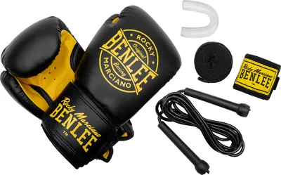 A boxing starter set including gloves, hand wraps, a jump rope, and a mouthguard, laid out on a white background.