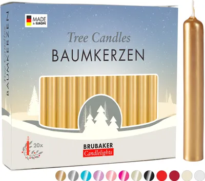 Produktbild von BRUBAKER Baumkerzen Wachs - Weihnachtskerzen für Weihnachtspyramiden und Schwibbögen - Pyramidenkerzen Christbaumkerzen, 20 Stück, Gold